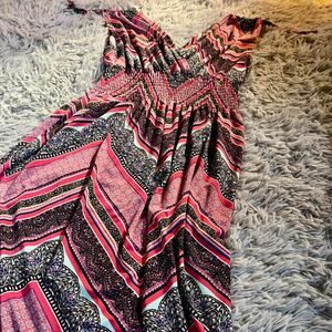 Chevron Smocked Slinky‎ Eclectic Boho Indie Retro Zigzag Groovy Vneck Maxi Dress